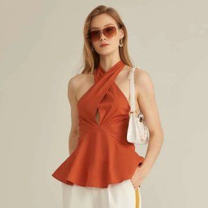 SHEIN Crisscross Tie Back Peplum Halter Top